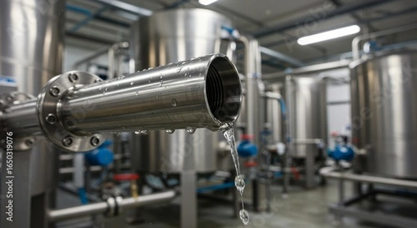 Fototapeta Shiny Metal Pipeline Water Droplets Treatment Plant - Pure water flows, symbolizing purity, reliability, technology, industry, and hydration. Clean and efficient water treatment