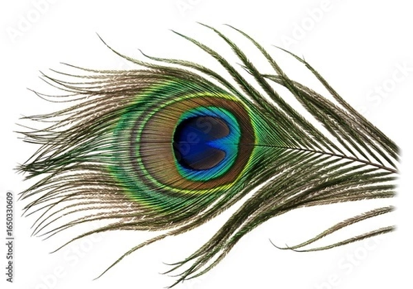 Obraz A close-up of a peacock feather showing its intricate, colorful and iridescent details