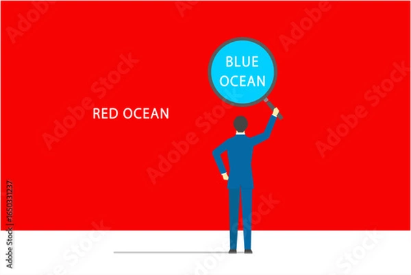 Obraz 虫眼鏡を使ってレッドオーシャンからブルーオーシャンを見つけるビジネスマン