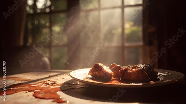 Obraz Delicious Chicken Wings on a Plate in Rustic Kitchen Setting