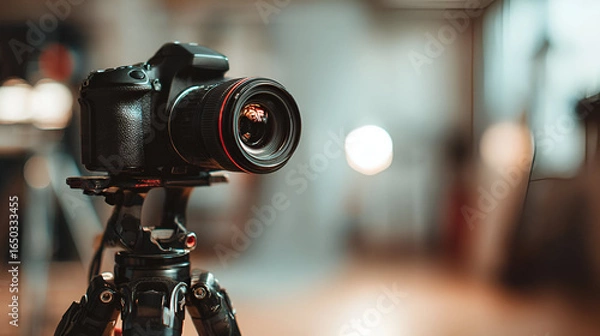 Obraz Black DSLR Camera on Tripod in Blurred Studio Setting