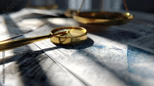 Obraz Golden Magnifying Glass on Legal Documents with Scales of Justice in the Background