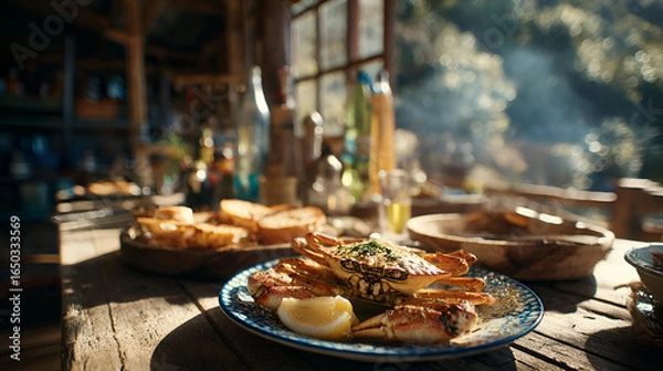 Obraz Grilled Crab with Lemon on Rustic Wooden Table in Sunlit Setting