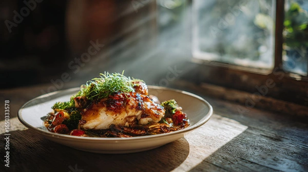 Obraz Grilled Fish with Roasted Vegetables and Glaze on Rustic Wooden Table