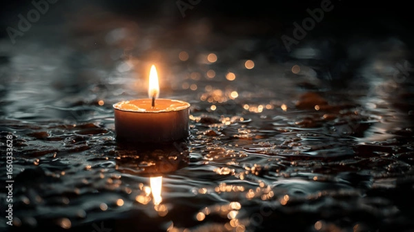 Obraz Single Burning Candle Floating on Dark Water