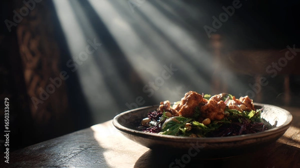 Obraz Warm Steaming Dish on Rustic Wooden Table in Dramatic Light