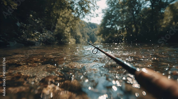 Obraz Fly Fishing in a Tranquil River: Close Up of Fishing Rod and Water