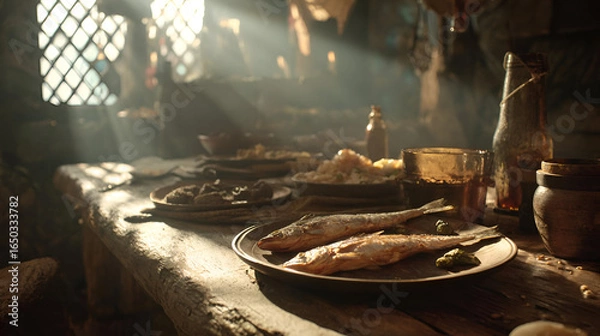 Obraz Medieval Rustic Feast: Sunlit Wooden Table with Cooked Fish and Dishes