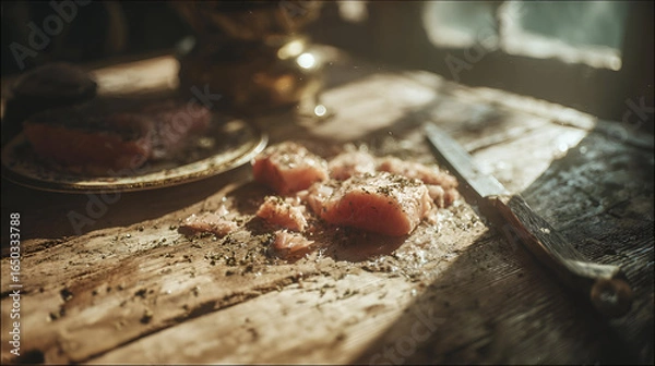 Obraz Raw Meat Preparation on Rustic Wooden Table in Warm Sunlight