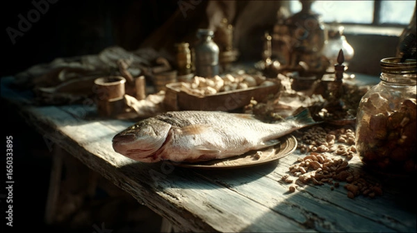 Obraz Sunlit Rustic Still Life with Fish and Ingredients on Wooden Table