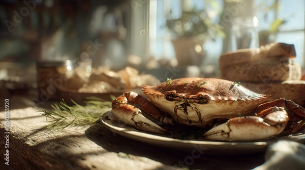 Obraz Cooked Crab on Rustic Wooden Table with Bread and Herbs in Sunlight