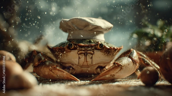 Obraz Crab Chef in a White Hat Amidst Potatoes and Salt