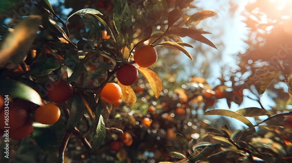 Obraz Closeup of Ripe Orange and Red Fruits on a Branch in Sunlight