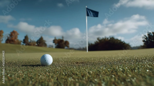 Obraz Golf Ball on Putting Green with Flag in Background