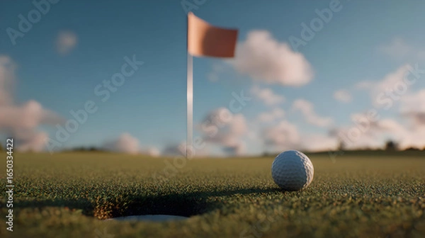 Obraz Golf Ball on Putting Green Near Hole with Flag in Background