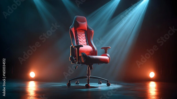 Obraz Red Gaming Chair on Dark Stage with Spotlights