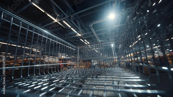 Obraz Empty Metal Shopping Cart in Supermarket Aisle