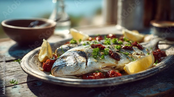 Obraz Grilled Fish with Lemon and Sun-Dried Tomatoes on Rustic Plate