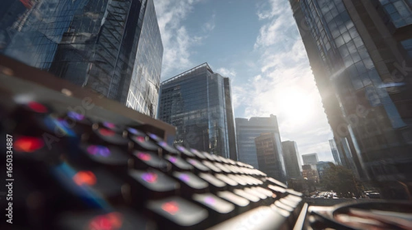 Obraz Low Angle View of Cityscape with Keyboard in Foreground
