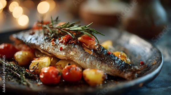 Obraz Roasted Fish with Potatoes and Tomatoes Dinner Plate