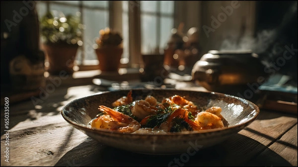 Obraz Shrimp and Grits Dish in Rustic Setting with Warm Sunlight