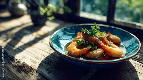 Obraz Succulent Sauteed Shrimp on Rustic Wooden Table