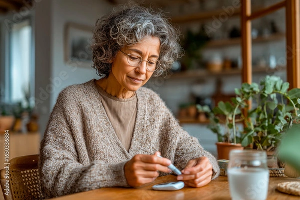 Obraz Senior woman checking blood glucose level at home using lancet and glucometer
