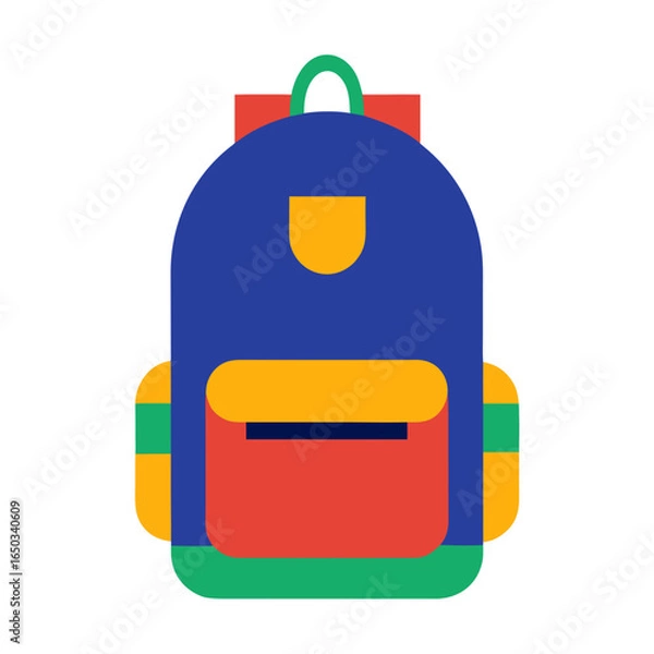 Obraz A colorful flat design illustration of a backpack with a blue main body red and yellow pockets and green accents on a black background
