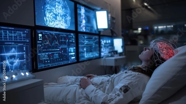 Fototapeta A sleep technician monitoring patient brain wave activity with screens and electrodes in a clinical sleep lab, ultra-realistic