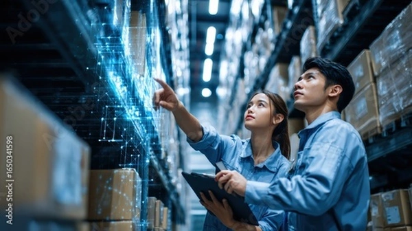 Fototapeta Asian male technician and Latina female worker reviewing real-time shipment status on holographic display, smart shelving system organizing inventory automatically