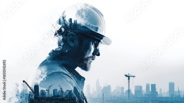 Fototapeta Double exposure of male construction engineer in safety helmet overlayed with futuristic city skyline and construction cranes, blue gradient banner concept