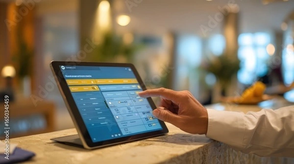 Fototapeta Tablet screen showing reservation management system as hotel worker confirms booking for arriving guest at reception area