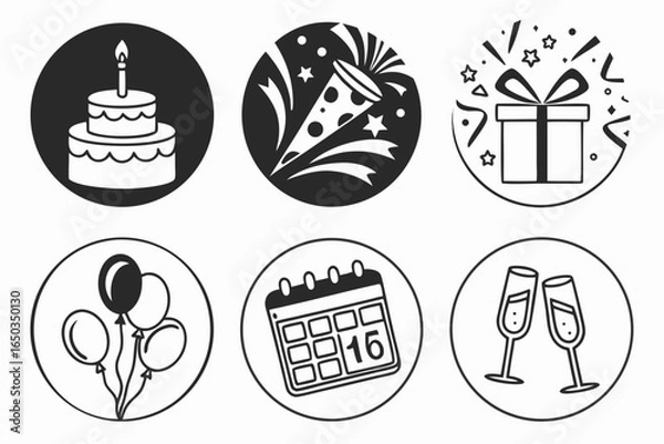 Fototapeta Birthday and party icons set isolated on white background in a circle shape