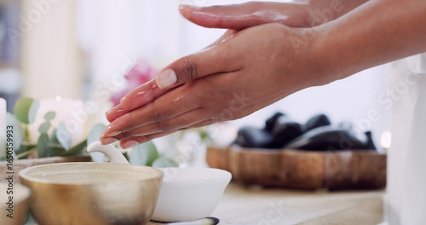 Fototapeta Hands, oil and wellness with masseuse in spa, getting ready for session or treatment closeup. Healing, massage and physical therapy with person in salon for relax, stress relief or wellbeing