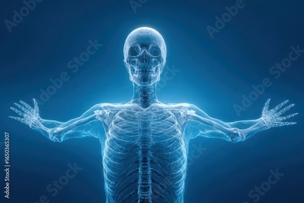 Fototapeta Human skeleton front view with outstretched arms, highlighting anatomical details and structure in a clinical setting with a blue background