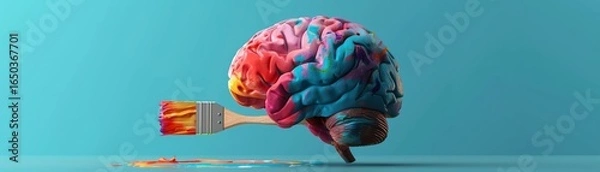 Fototapeta A 3D model of a brain with a paintbrush adding vibrant colors, representing the power of creativity in shaping our mindset  ,3DCG