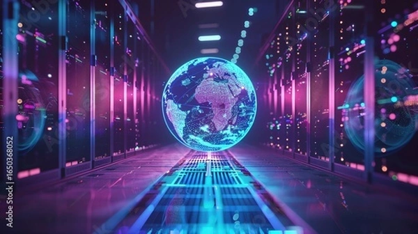 Fototapeta A 3D model of a data center with rows of servers and glowing lights, symbolizing the vast storage and processing power of modern IT infrastructure, with a futuristic and techinspired design 