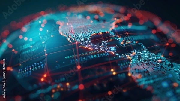 Fototapeta A 3D model of a globe with data streams connecting different continents, symbolizing the global flow of information in the digital age  ,3D render