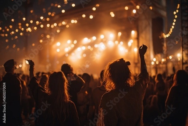Fototapeta Energetic crowd enjoying a vibrant concert under bright lights while dancing and celebrating the music at an outdoor venue during an evening event