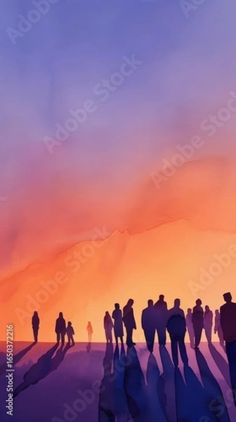 Fototapeta A Close-up Shot of a Abstract watercolor silhouettes of diverse people facing forward