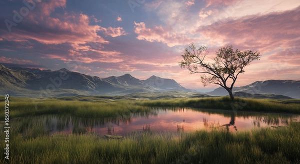 Fototapeta sunrise over the lake. Generative AI
