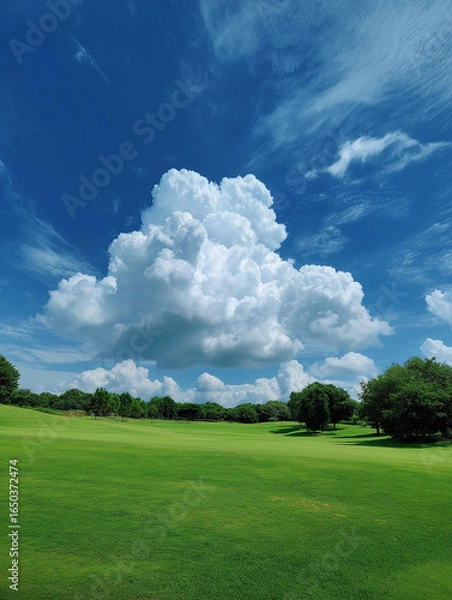Fototapeta green field and blue sky. Generative AI