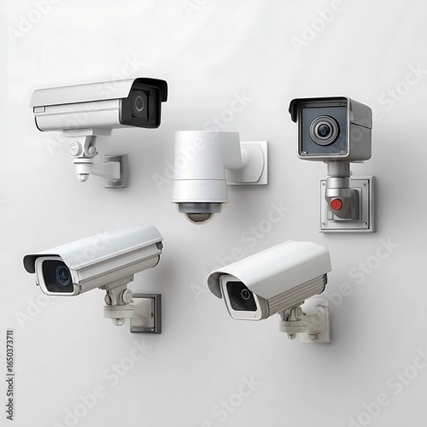 Fototapeta Collection of five different security cameras isolated on white background
