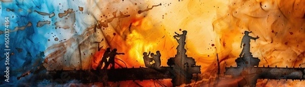 Fototapeta A Close-up Shot of a Watercolor silhouettes of a bustling cityscape with overlapping colors