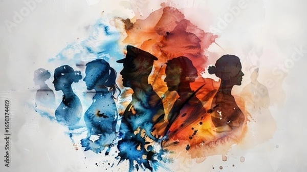 Fototapeta A Close-up Shot of a Watercolor silhouettes of a bustling cityscape with overlapping colors