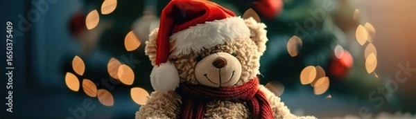 Fototapeta A cuddly teddy bear wearing a Santa hat and scarf, sitting under a Christmas tree