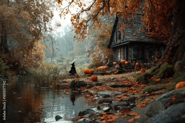 Fototapeta Enchanting autumn riverside with pumpkins and a witch near a quaint cabin surrounded by vibrant leaves