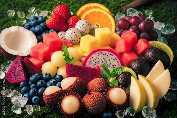 Obraz Fresh tropical fruit assortment with vibrant colors on ice