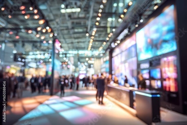 Fototapeta Blurred bustling trade fair showcasing vibrant booths and engaging displays in a lively atmosphere with visitors exploring various exhibitions