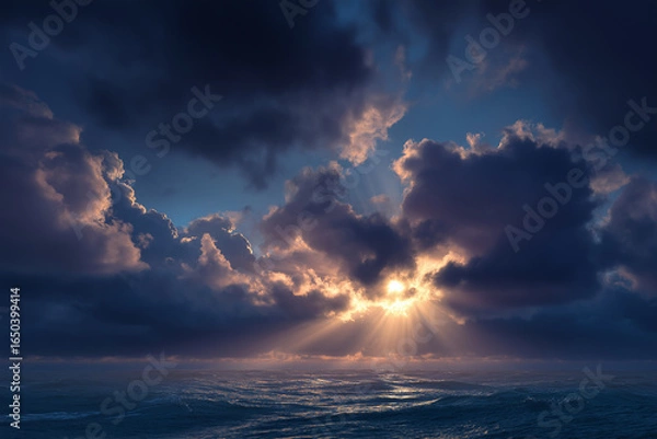 Fototapeta sunrise over calm ocean breaking through dark clouds,new beginnings, with vivid colors, dramatic light
